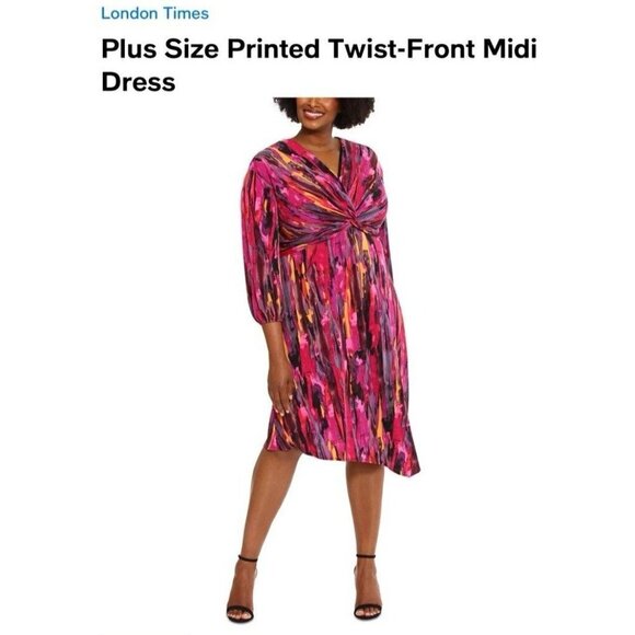 London Times Twisted Front 3/4 Sleeve A-Line Dress Berry Multi Print Size 16 - Picture 2 of 16